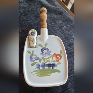 French Faience butter/cheese server with knife